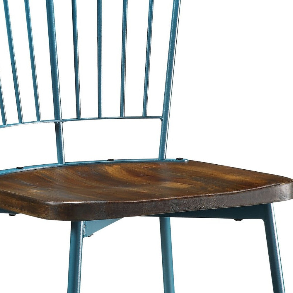 HomeRoots 21" x 19" x 32" Brown Oak Wood With Teal Metal Side Chair in Set of Two