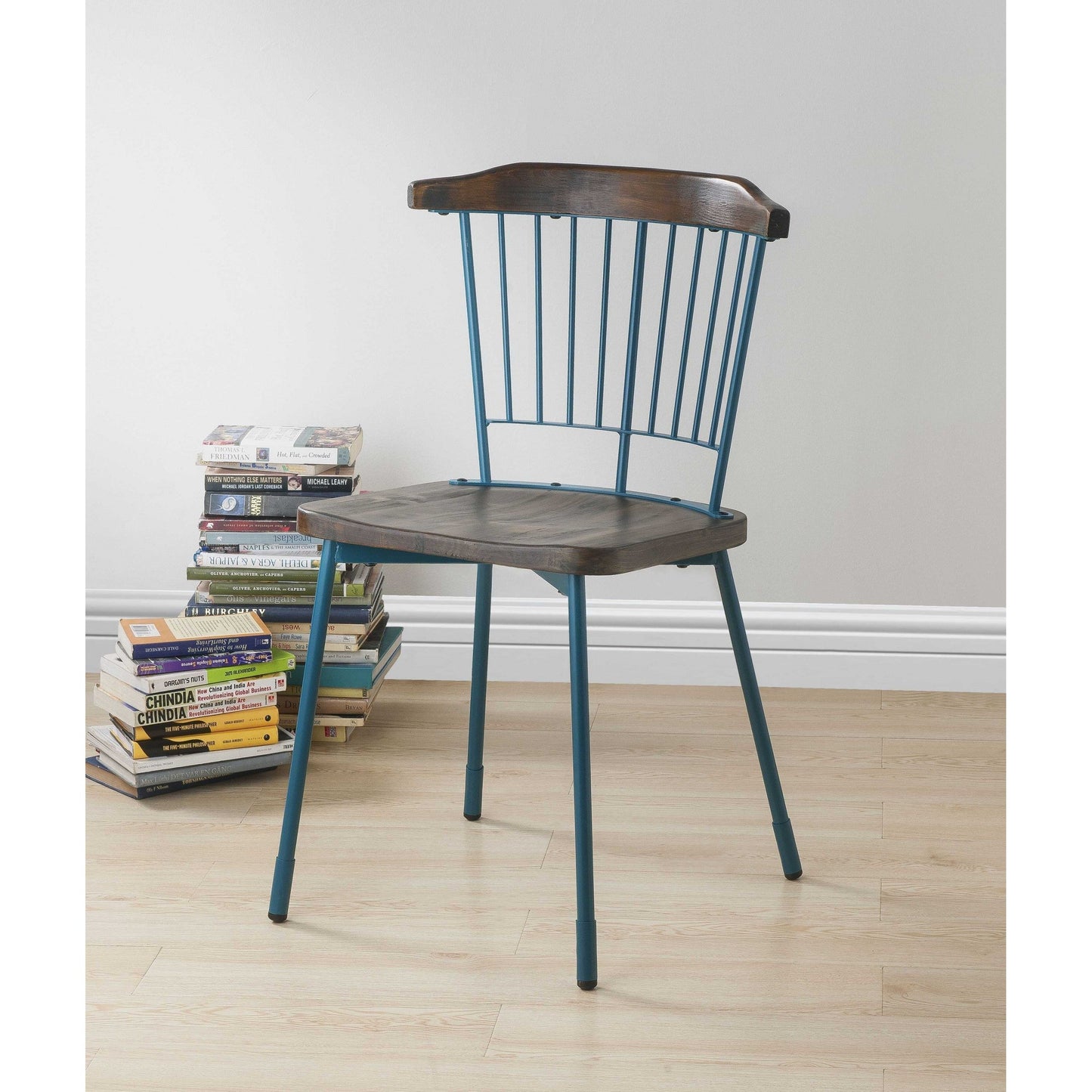 HomeRoots 21" x 19" x 32" Brown Oak Wood With Teal Metal Side Chair in Set of Two