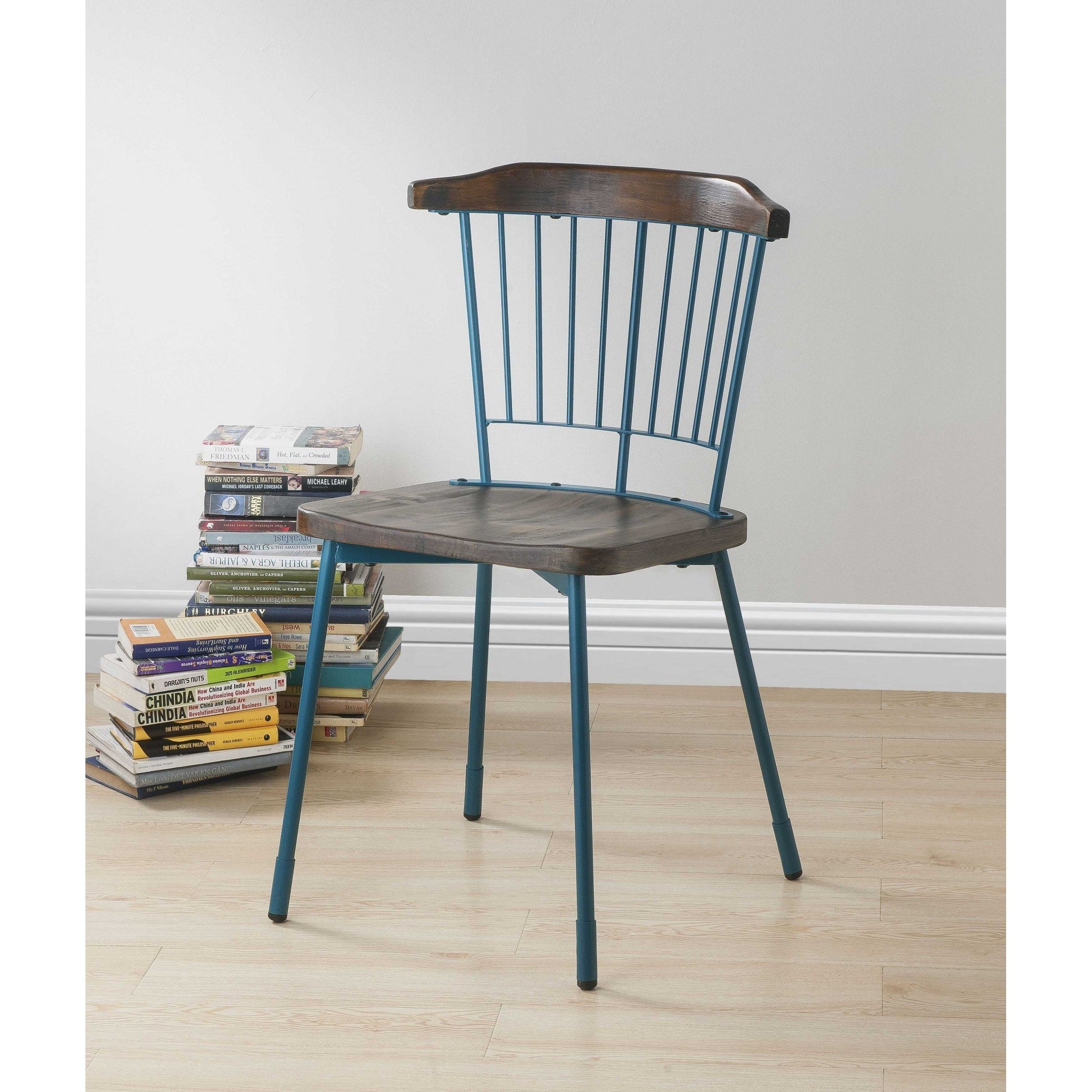 HomeRoots 21" x 19" x 32" Brown Oak Wood With Teal Metal Side Chair in Set of Two