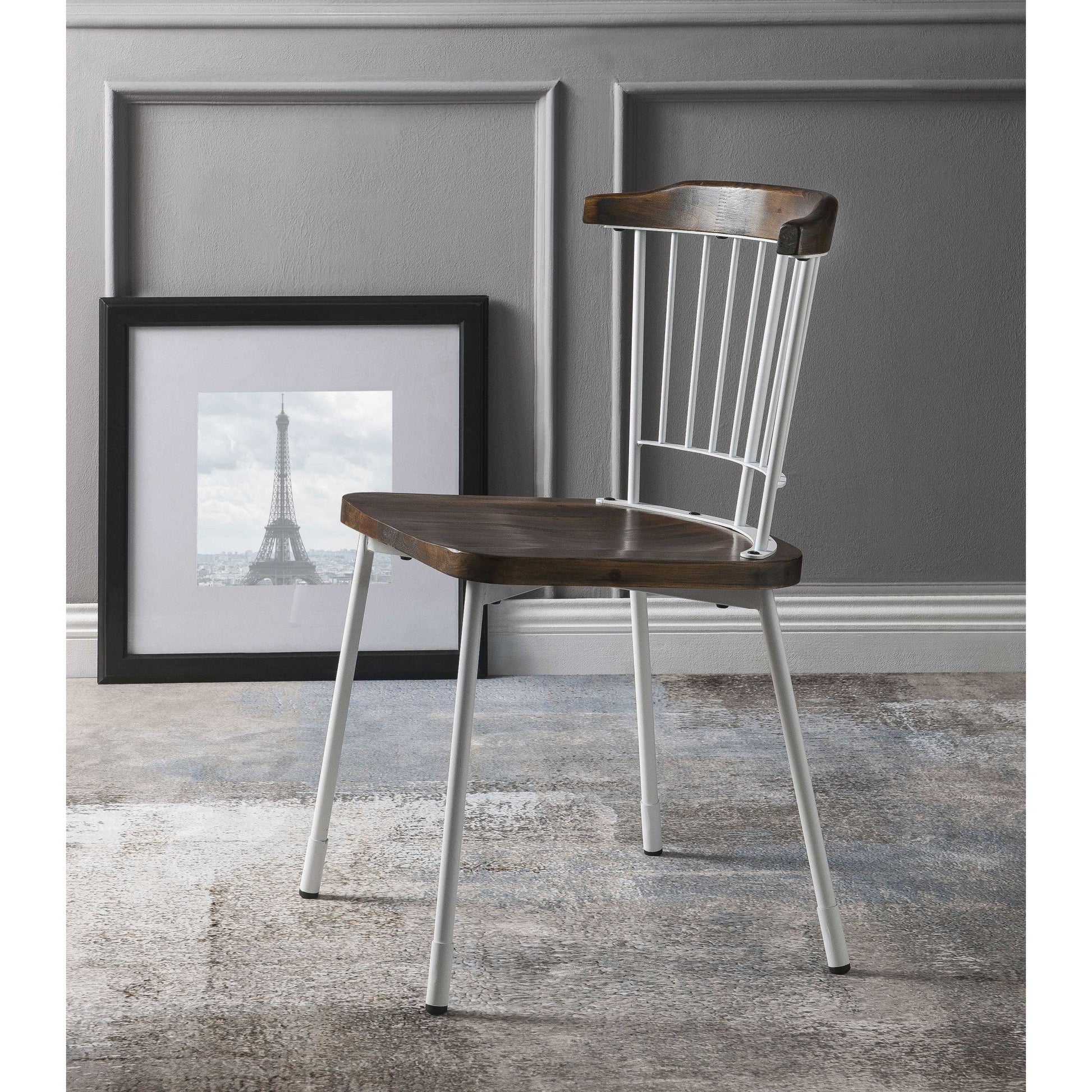 HomeRoots 21" x 19" x 32" Brown Oak Wood With White Metal Base Side Chair in Set of Two