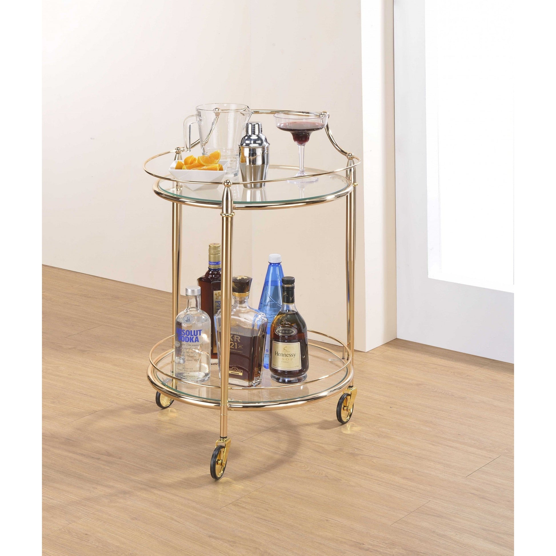 HomeRoots 21" x 20" x 31" Gold And Clear Glass Serving Cart