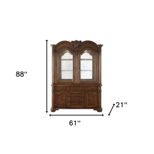 HomeRoots 21' x 61' x 88' Cherry Wood Poly Resin Glass Mirror Hutch Buffet
