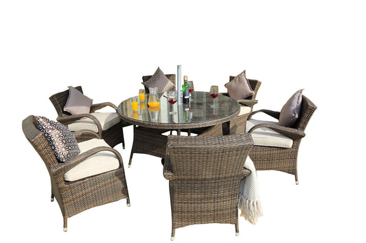 HomeRoots 211" x 55" x 32" Brown Outdoor Dining Set With Washed Cushion in 7-Piece Set