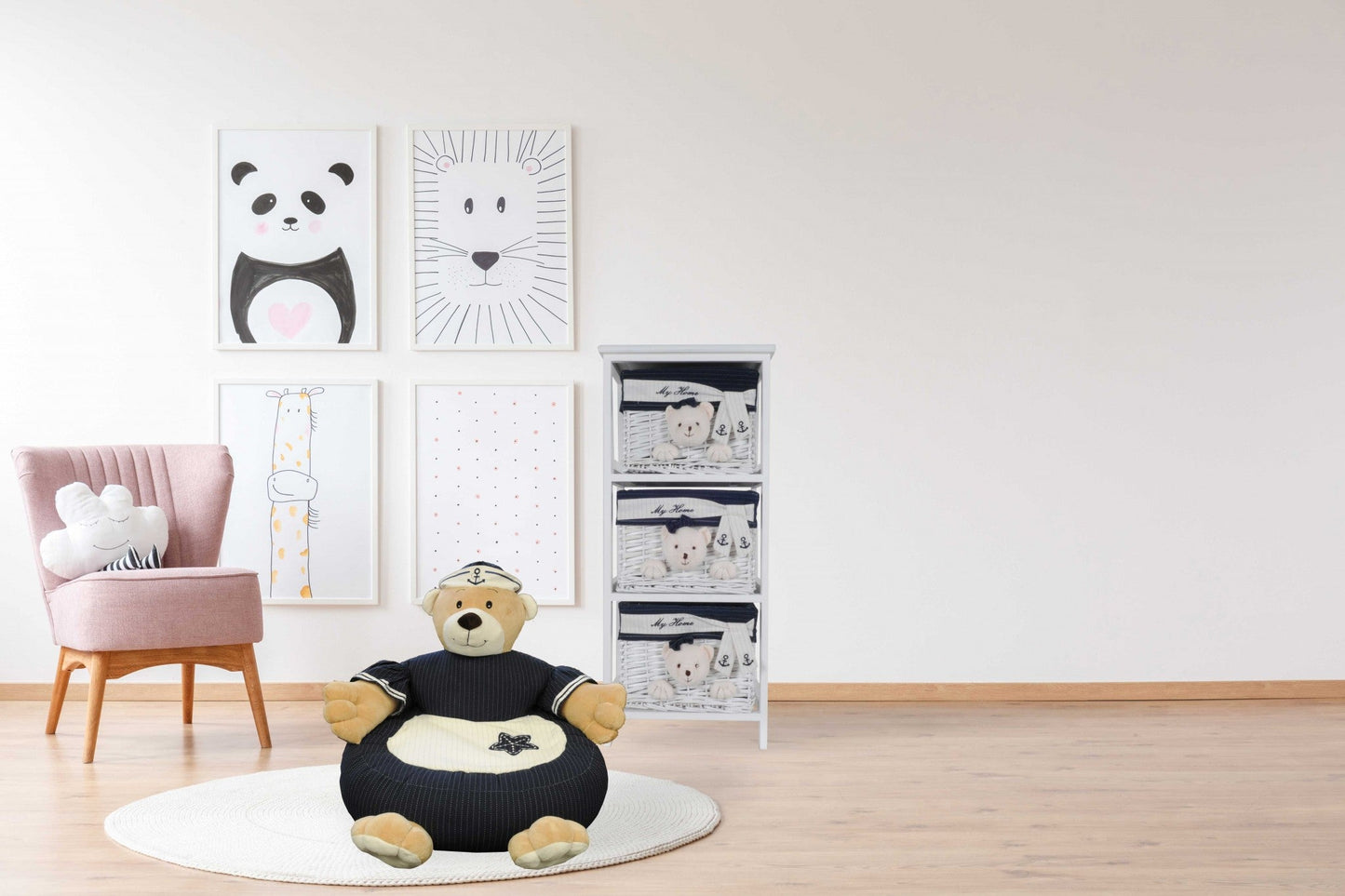 HomeRoots 21.65" x 21.65" x 19.68" Bear Chair With White and Navy Blue Finish
