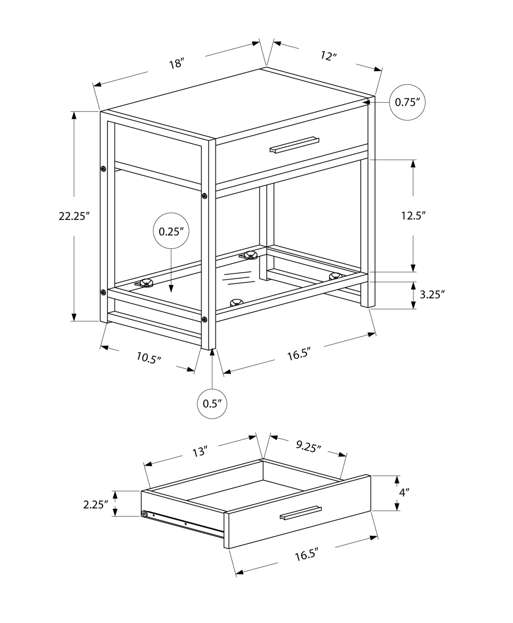 HomeRoots 22" End Table With Drawer And Shelf in Black Finish