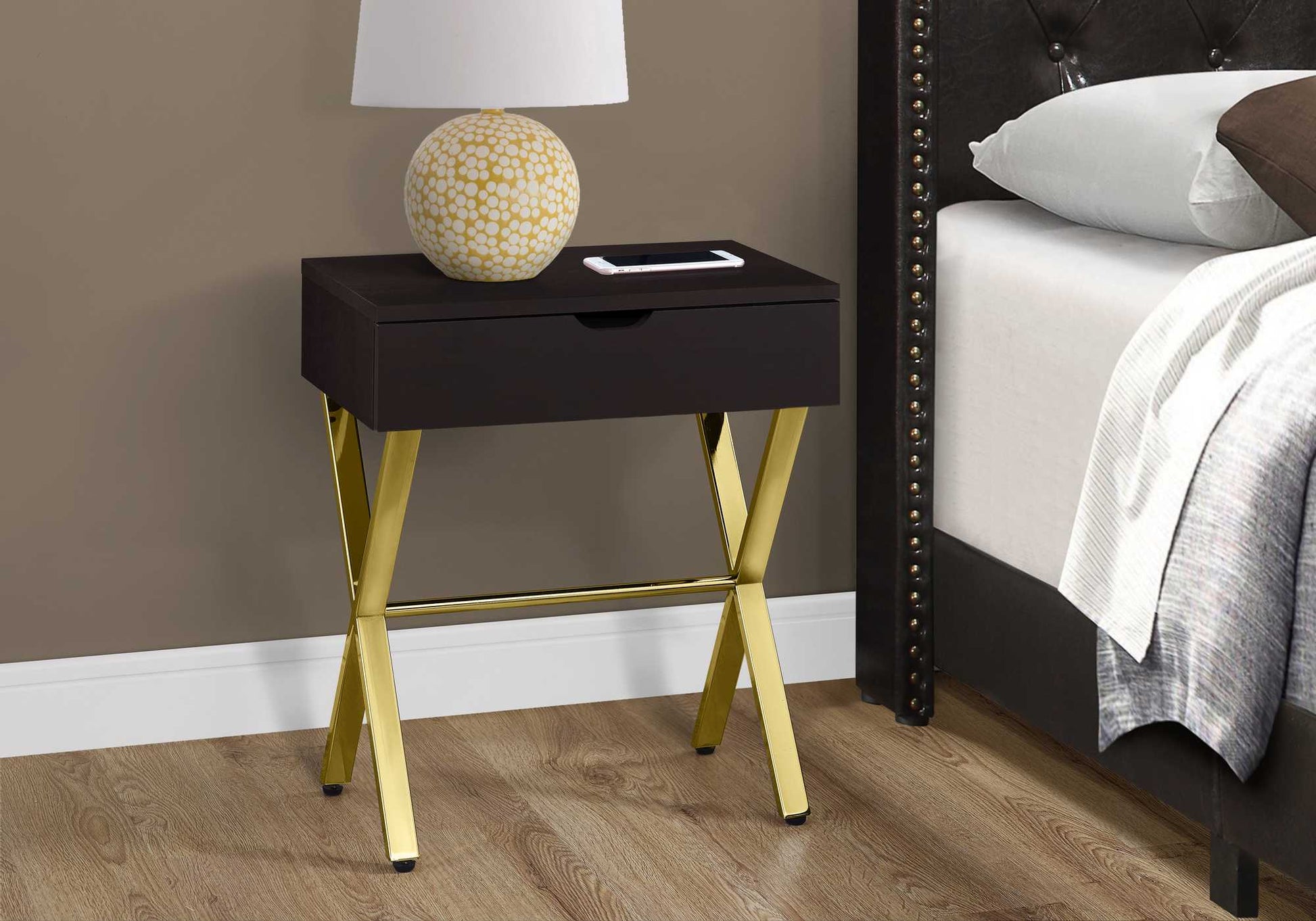 HomeRoots 22" End Table With Drawer in Gold and Dark Brown Finish