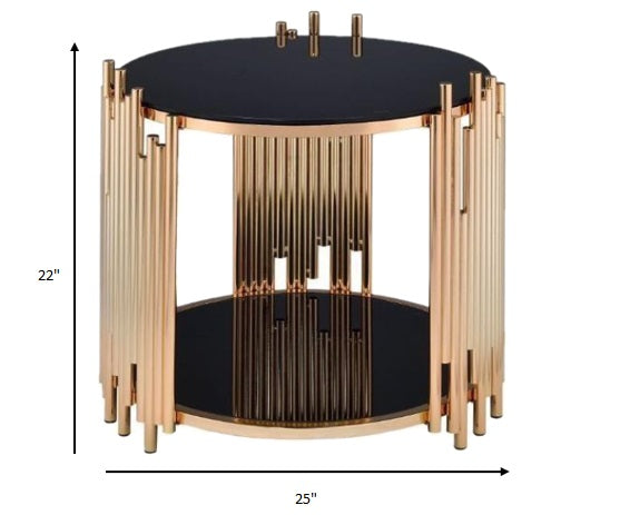 HomeRoots 22" Glass Round End Table With Shelf in Gold and Black Finish