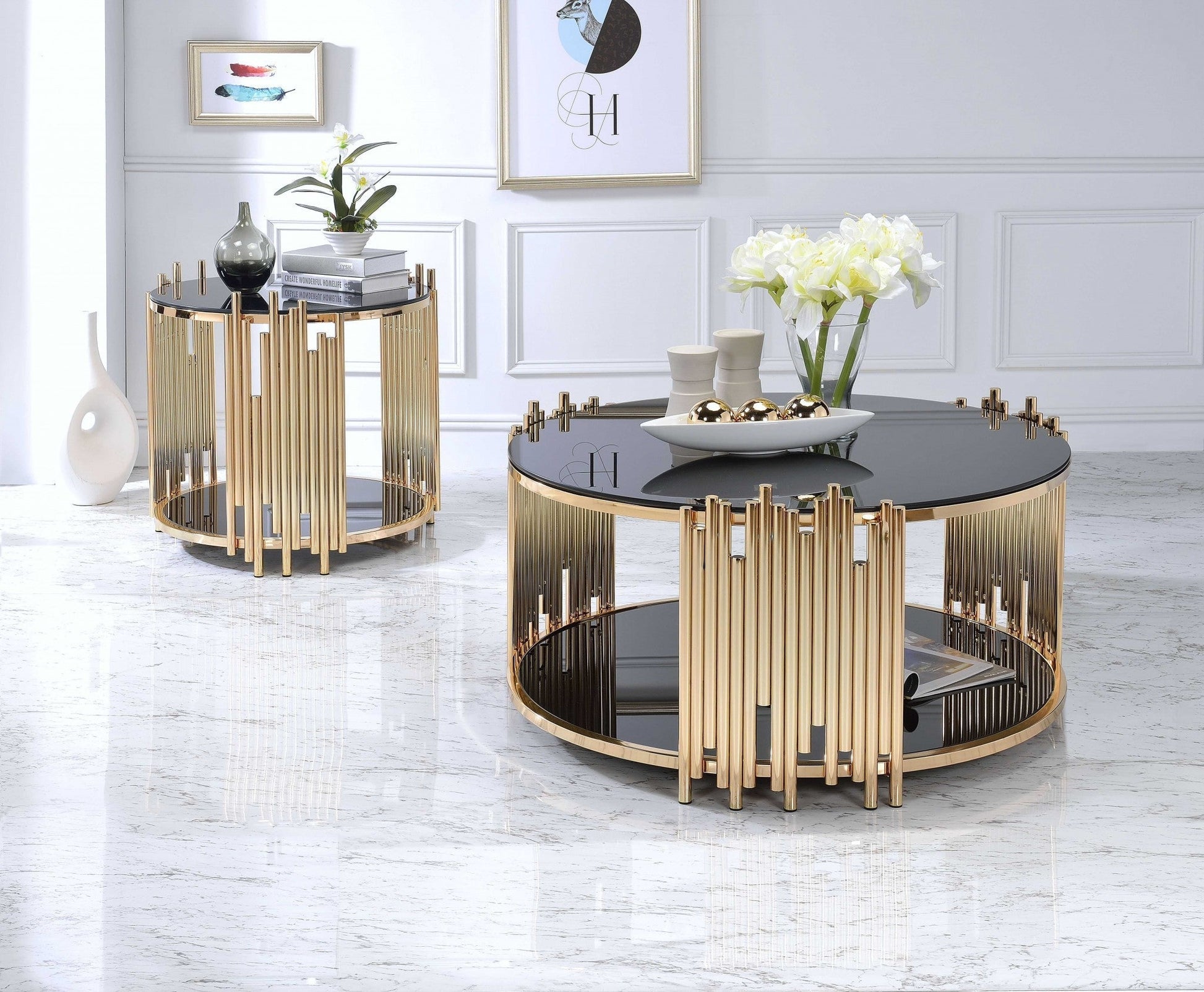 HomeRoots 22" Glass Round End Table With Shelf in Gold and Black Finish