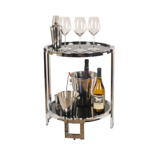 HomeRoots 22" Glass Round Mirrored End Table With Shelf in Silver Finish