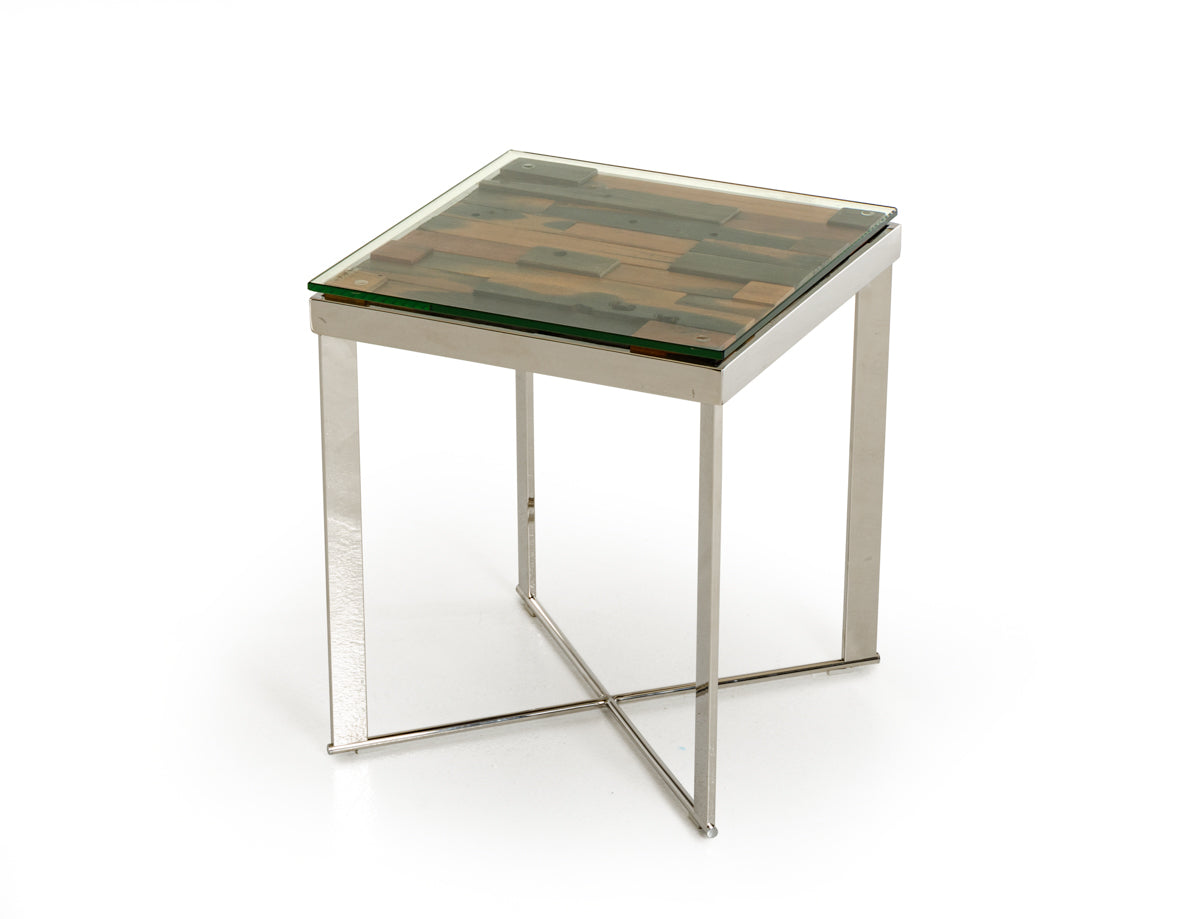 HomeRoots 22" Mosaic Wood Steel and Glass End Table