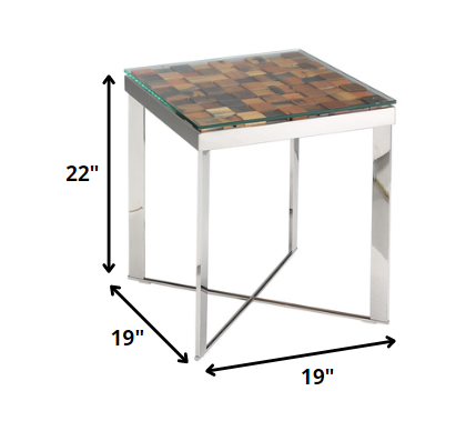 HomeRoots 22" Wood and Steel End Table With Glass Top Finish