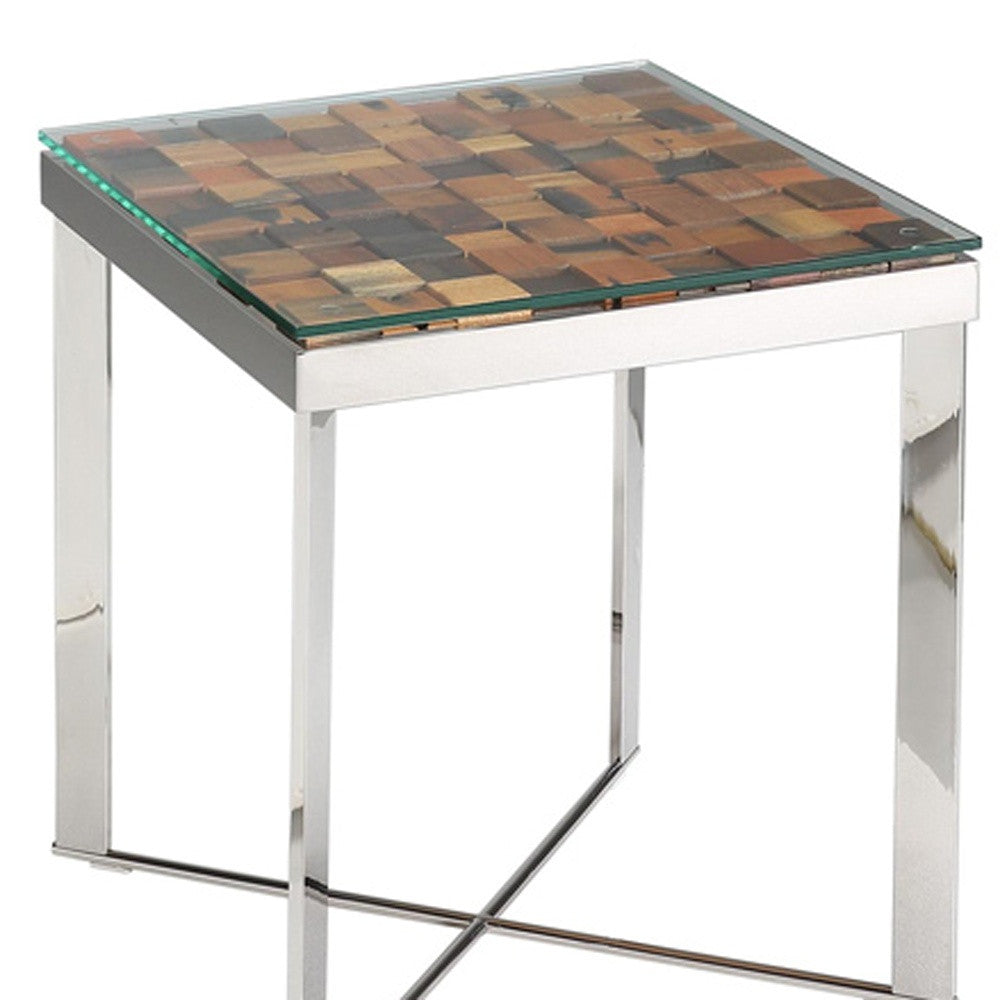 HomeRoots 22" Wood and Steel End Table With Glass Top Finish