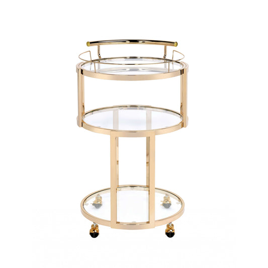 HomeRoots 22" x 21" x 34" Gold And Clear Glass Round Serving Cart