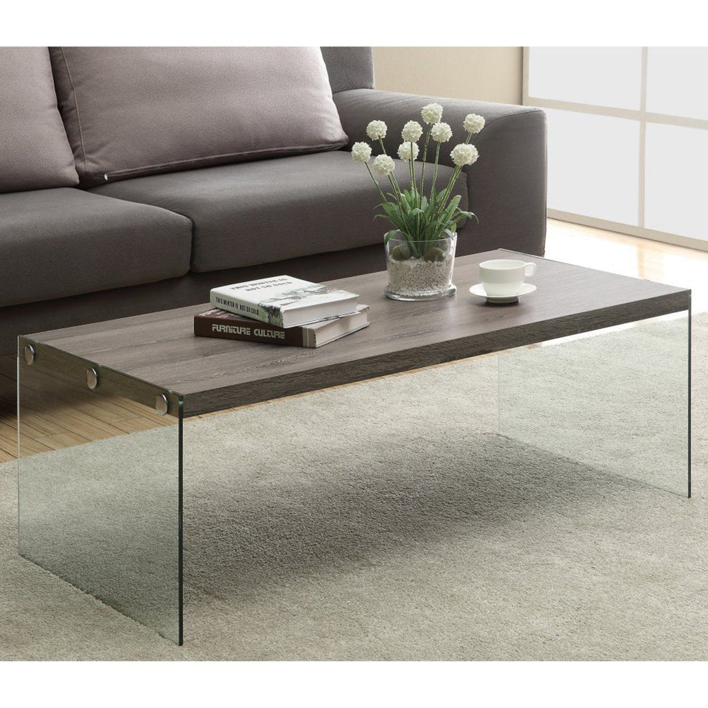 HomeRoots 22" x 44" x 16" Dark Taupe Tempered Glass Coffee Table