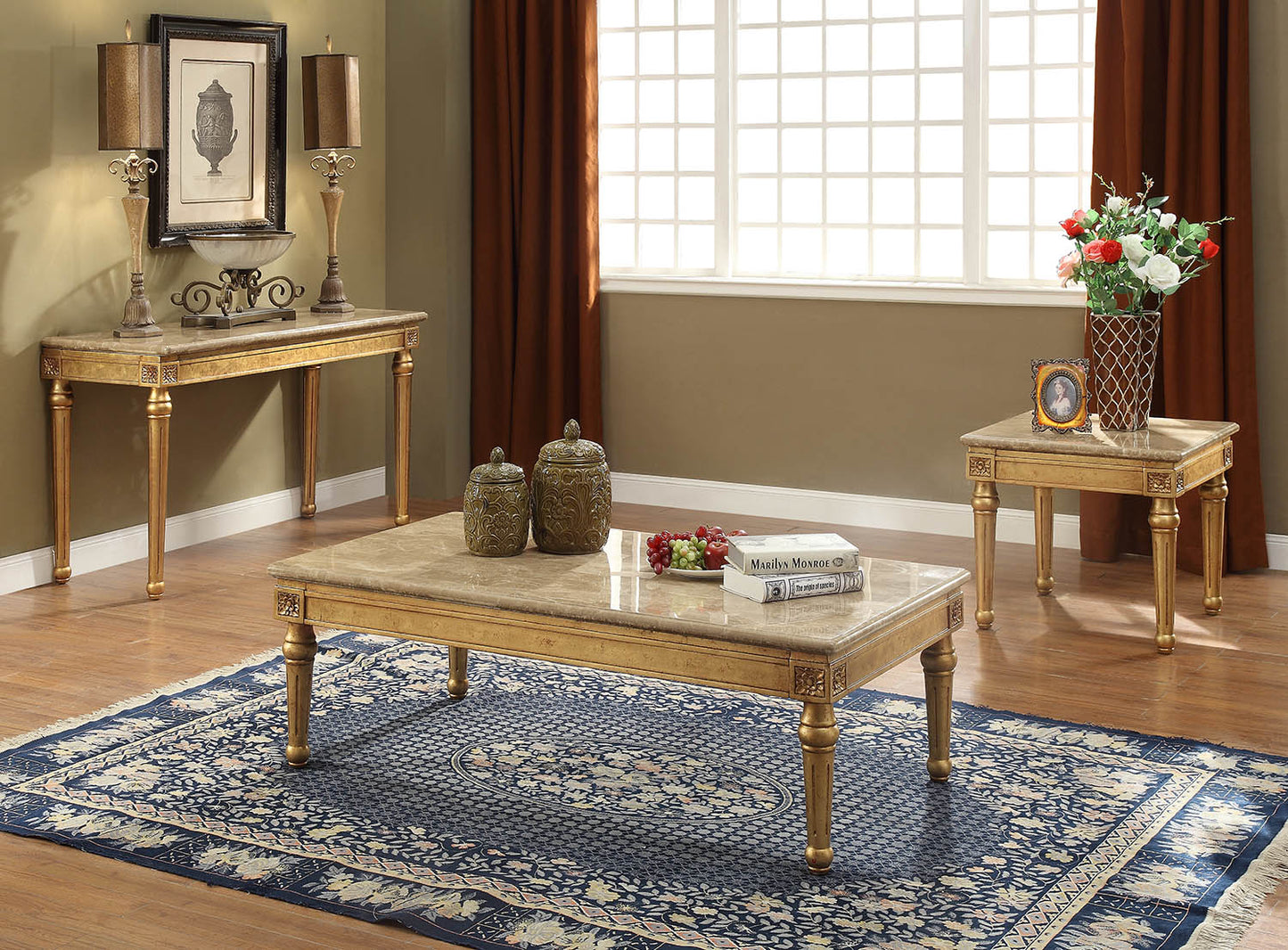 HomeRoots 22" x 57" x 37" Marble Antique Gold Wood Sofa Table