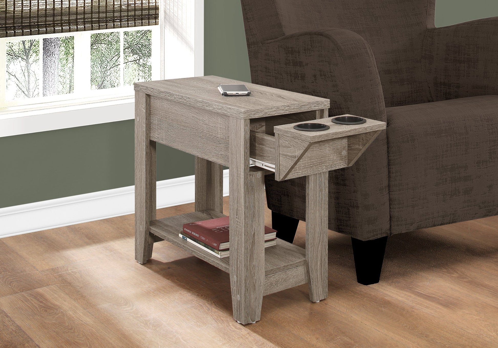HomeRoots 23" End Table With Shelf in Taupe Finish