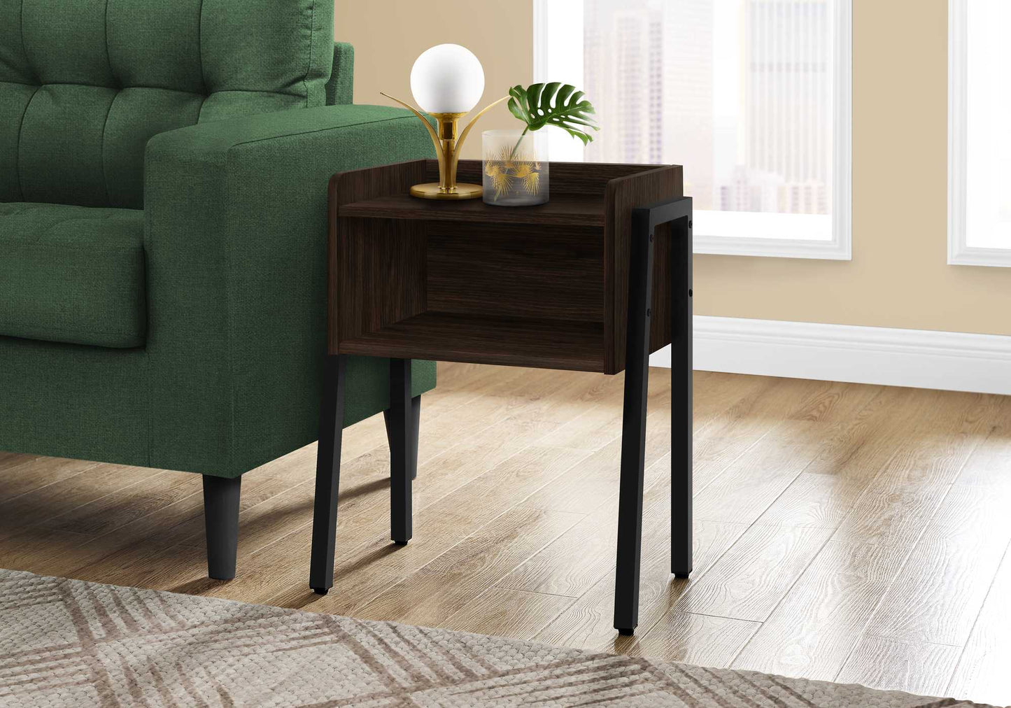 HomeRoots 23" Rectangular Espresso Accent Table With Black Metal Legs