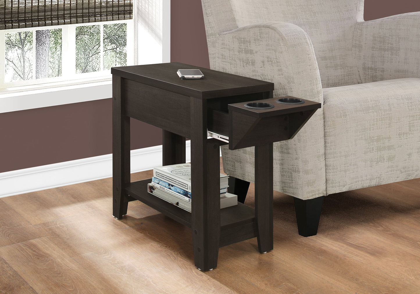 HomeRoots 23" Side Accent Table With Adjustable Cup Holder Drawer nd Bottom Shelf in Cappuccino Finish