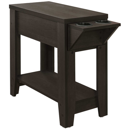 HomeRoots 23" Side Accent Table With Adjustable Cup Holder Drawer nd Bottom Shelf in Cappuccino Finish