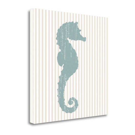 HomeRoots 24" Aqua Seahorse Tan Striped Background Giclee Wrap Canvas Wall Art
