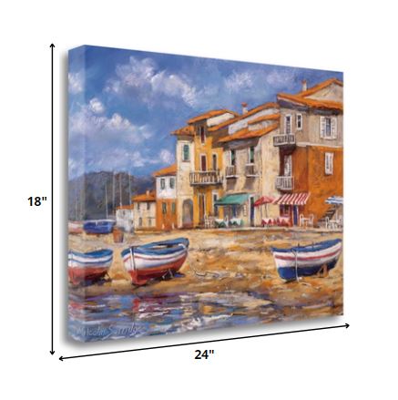 HomeRoots 24" Boats Docked Near Cafes Bright Sunny Day Giclee Wrap Canvas Wall Art