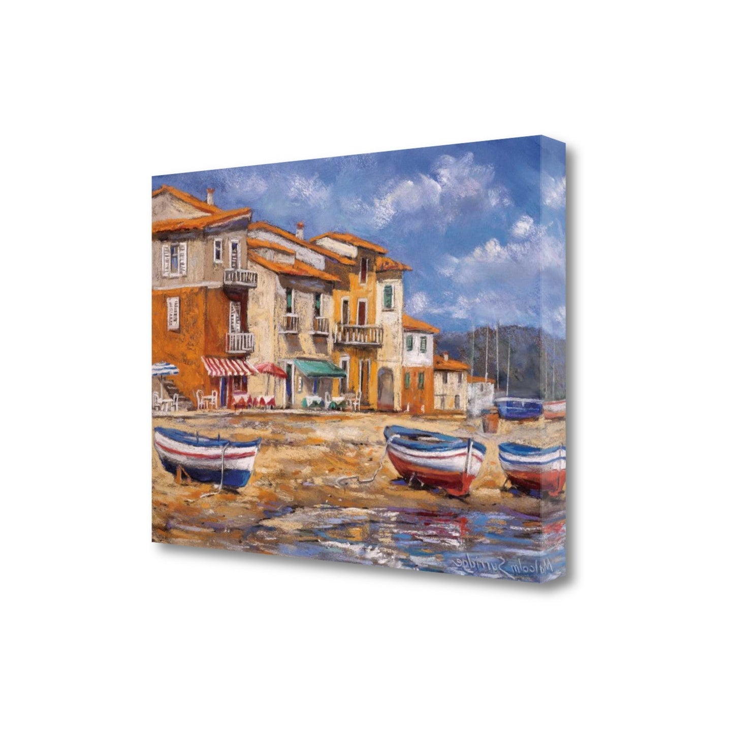 HomeRoots 24" Boats Docked Near Cafes Bright Sunny Day Giclee Wrap Canvas Wall Art
