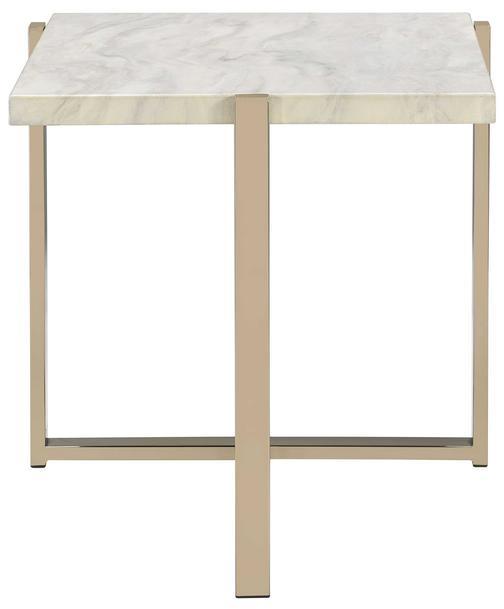 HomeRoots 24" Brass And White Faux Marble End Table