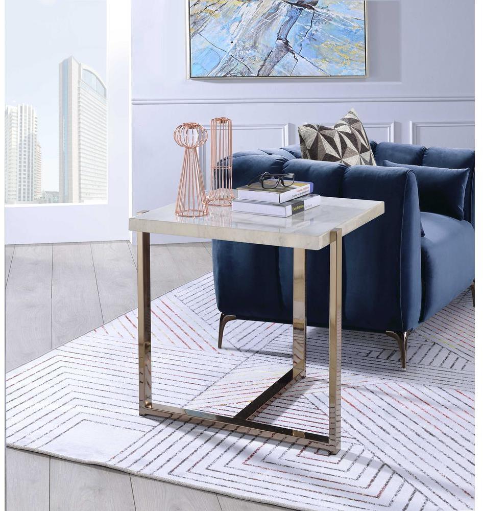 HomeRoots 24" Brass And White Faux Marble End Table