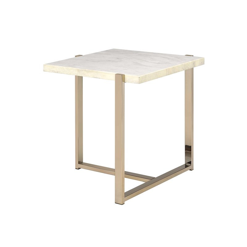 HomeRoots 24" Brass And White Faux Marble End Table