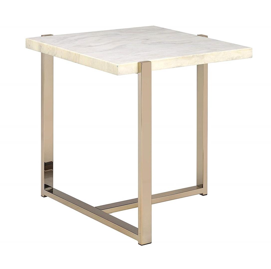 HomeRoots 24" Brass And White Faux Marble End Table