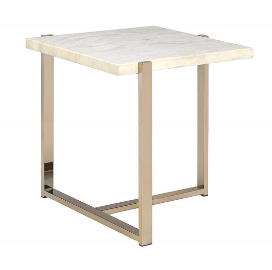 HomeRoots 24" Brass And White Faux Marble End Table