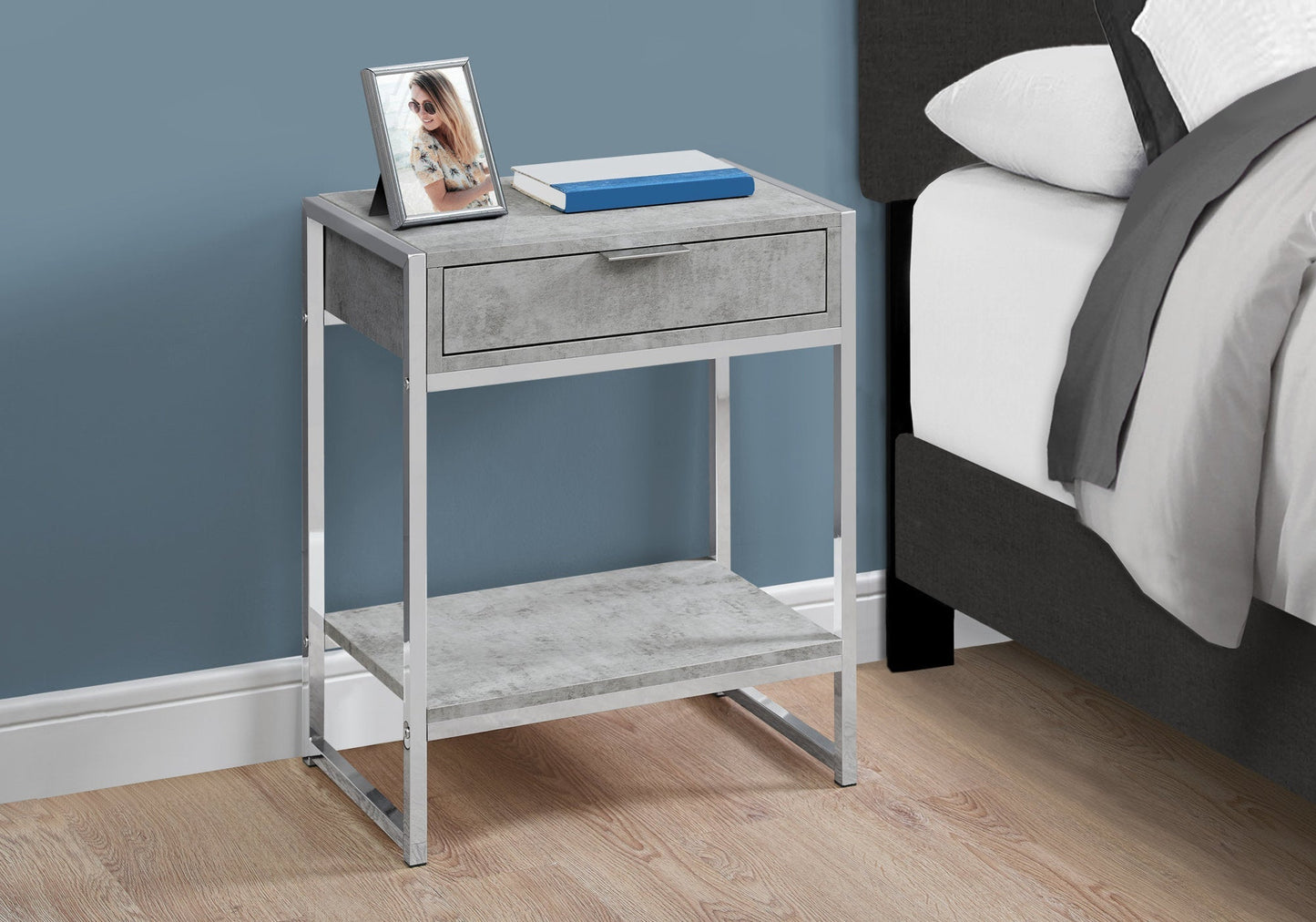 HomeRoots 24" End Table With Drawer And Shelf in Silver and Gray Finish