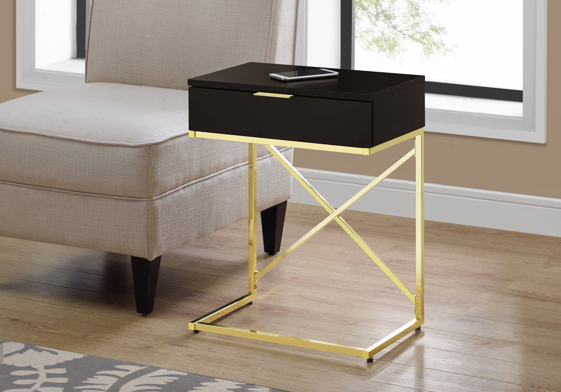 HomeRoots 24" End Table With Drawer in Gold and Black Finish