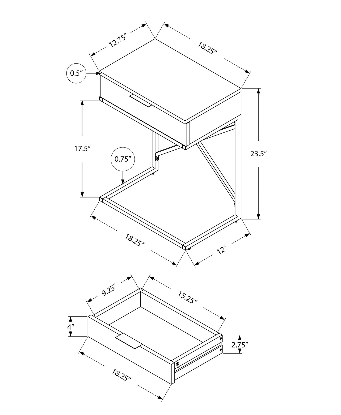 HomeRoots 24" End Table With Drawer in Silver and Gray Finish