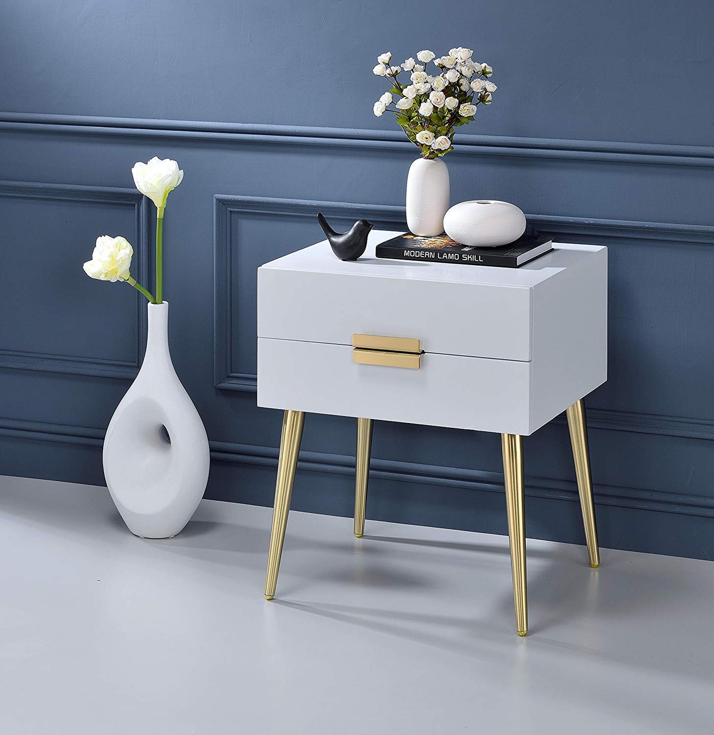 HomeRoots 24" End Table With Two Drawers in Gold and White Finish