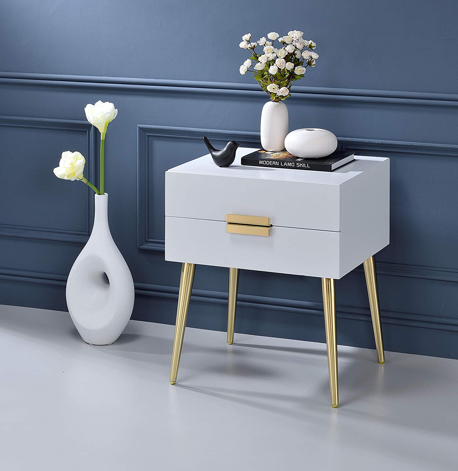 HomeRoots 24" End Table With Two Drawers in Gold and White Finish