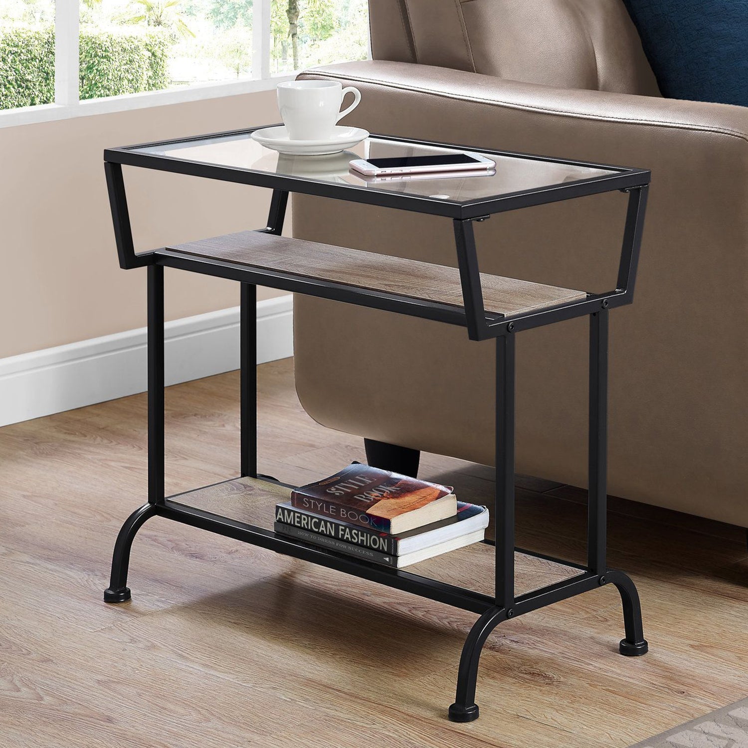 HomeRoots 24" Glass Console Table With Storage in Clear and Black Finish