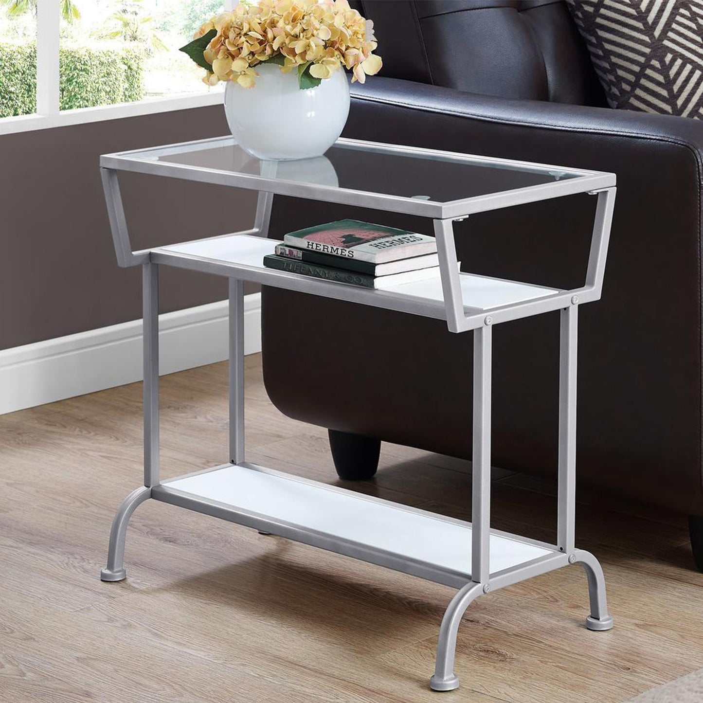 HomeRoots 24" Glass Console Table With Storage in Clear and Silver Finish
