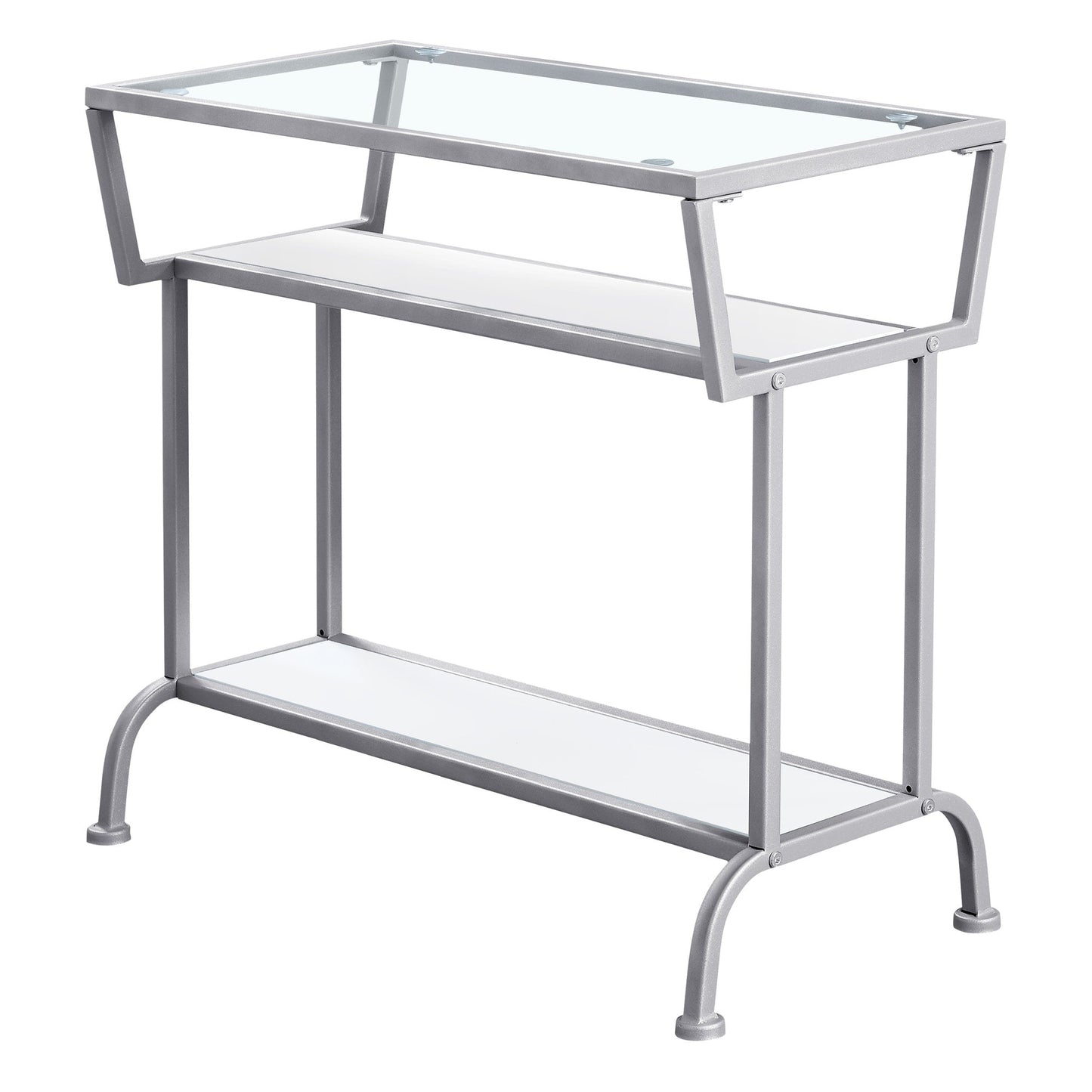 HomeRoots 24" Glass Console Table With Storage in Clear and Silver Finish