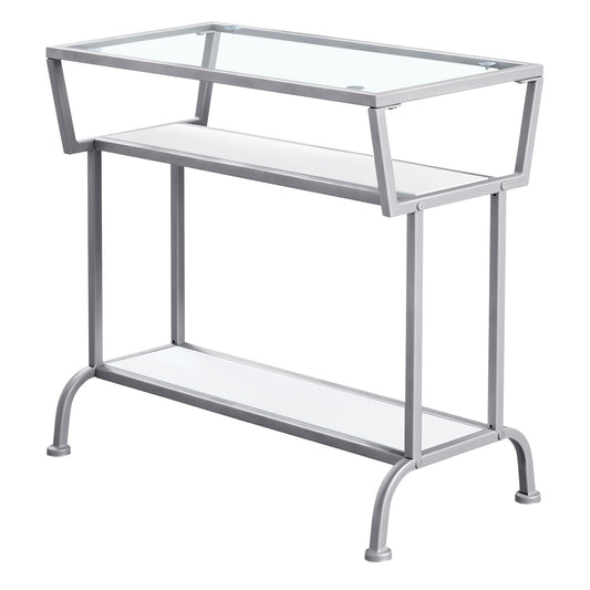 HomeRoots 24" Glass Console Table With Storage in Clear and Silver Finish