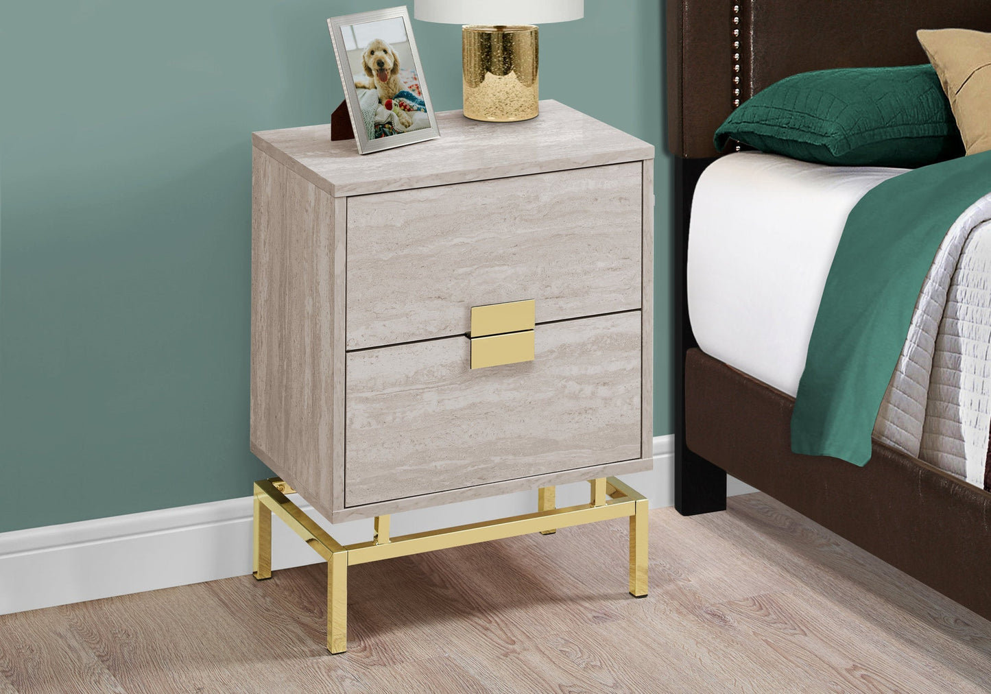 HomeRoots 24" Gold And Beige Manufactured Wood Rectangular End Table With Two Drawers
