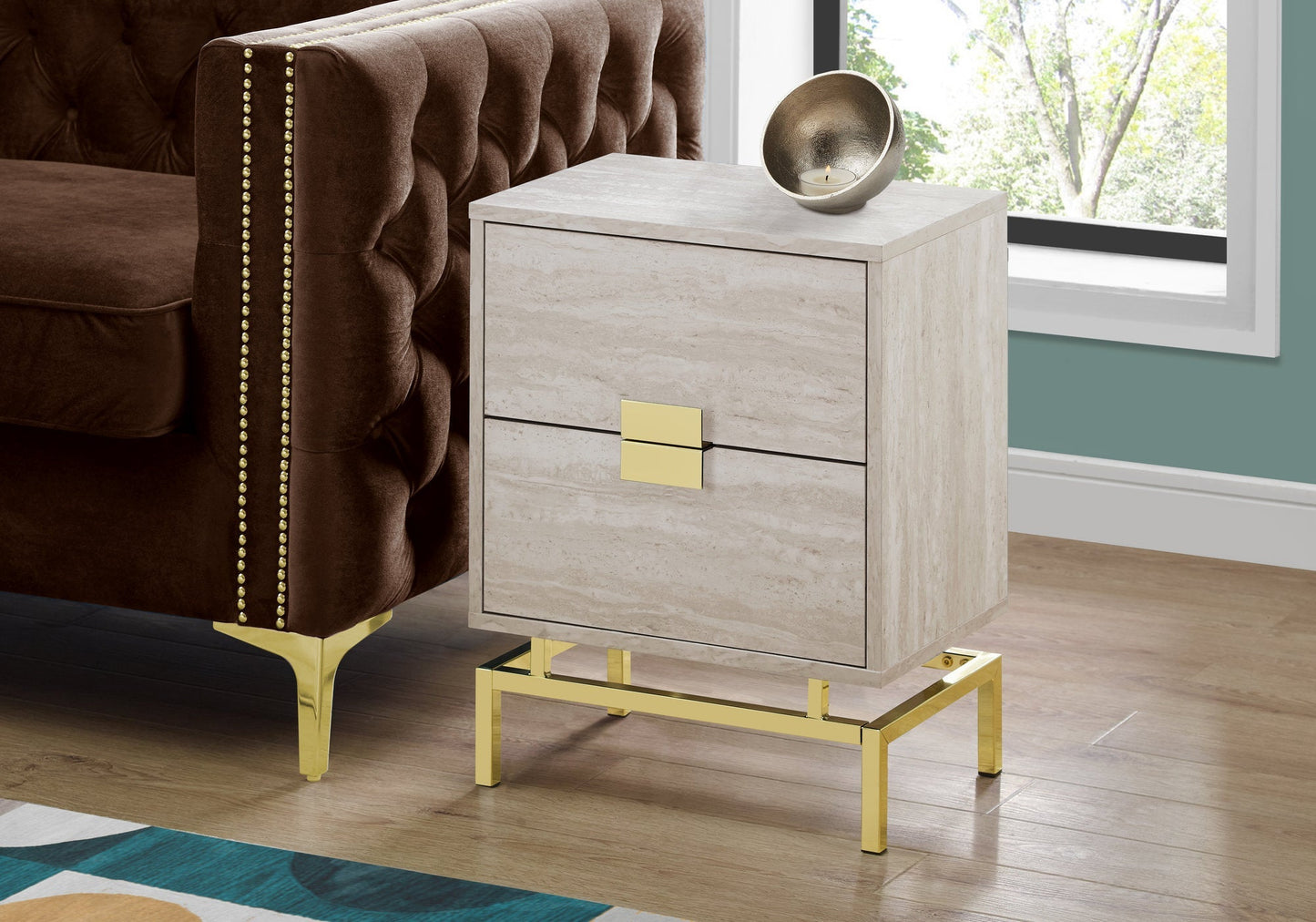 HomeRoots 24" Gold And Beige Manufactured Wood Rectangular End Table With Two Drawers