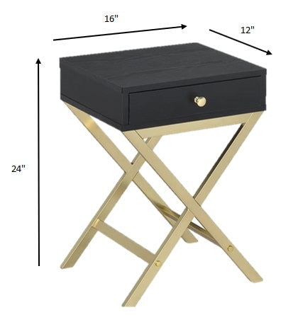HomeRoots 24" Gold And Black Solid Wood End Table With Drawer