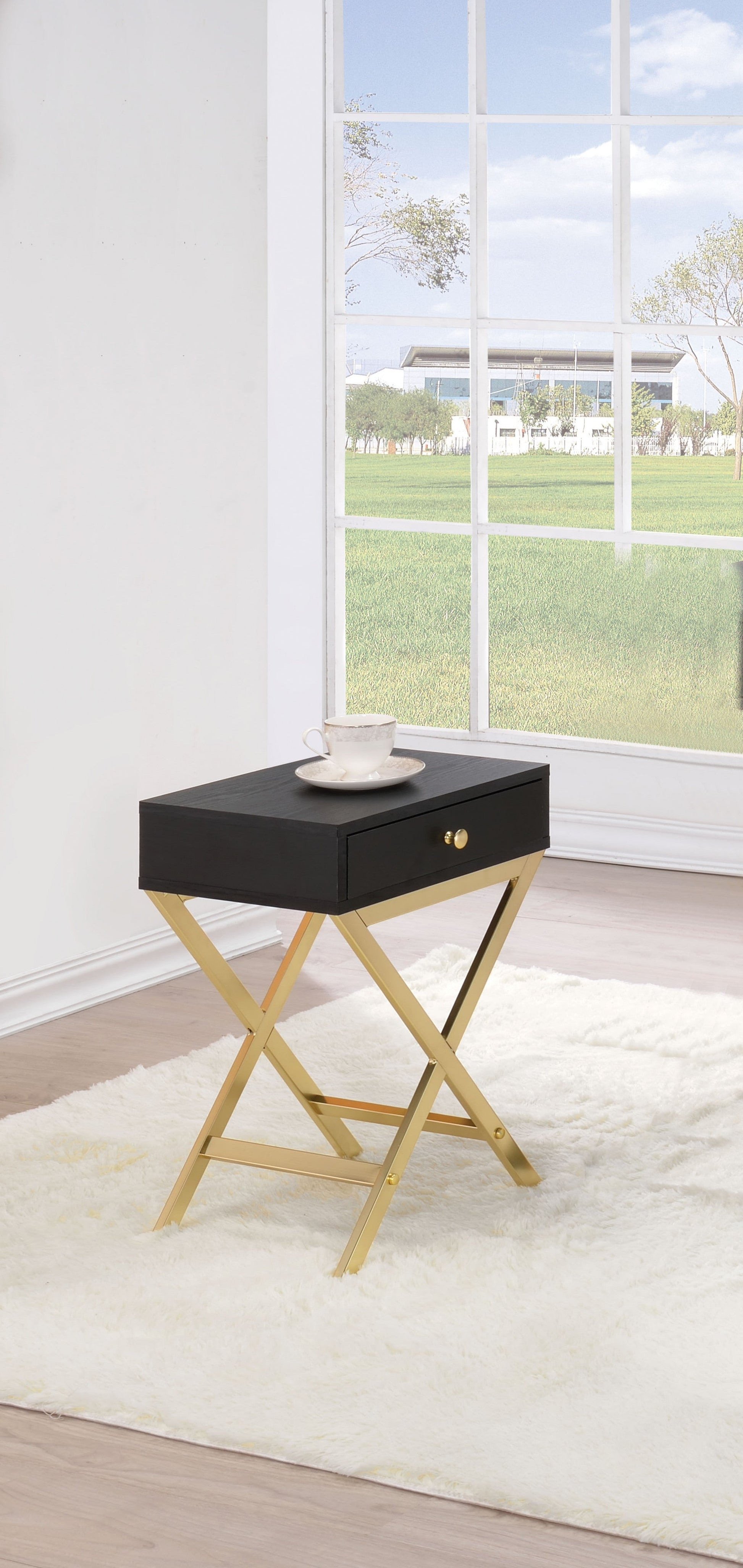 HomeRoots 24" Gold And Black Solid Wood End Table With Drawer