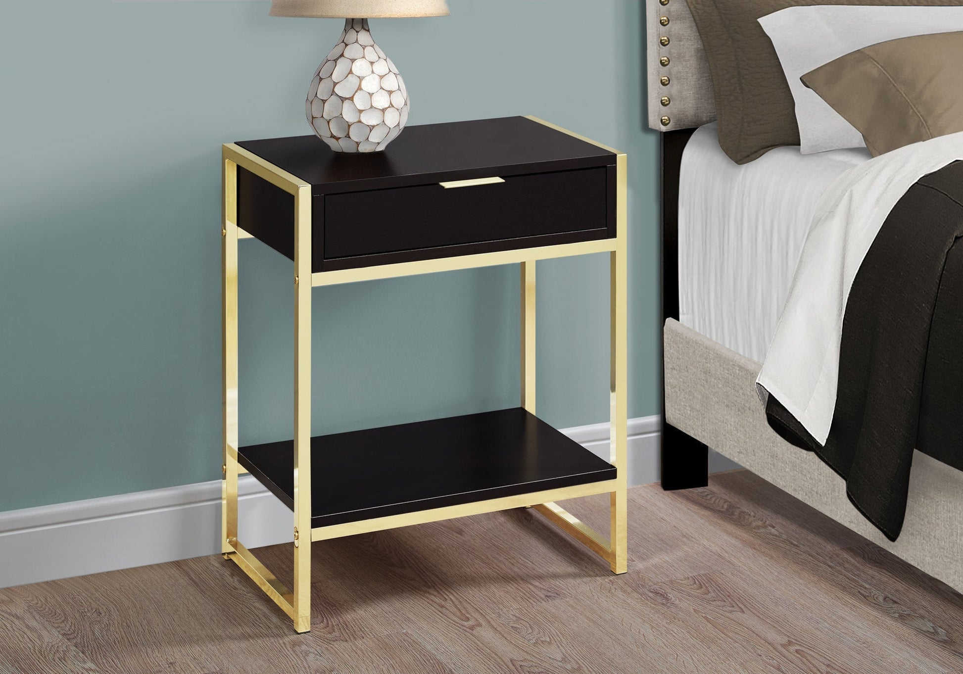 HomeRoots 24" Gold And Dark Brown End Table With Drawer And Shelf