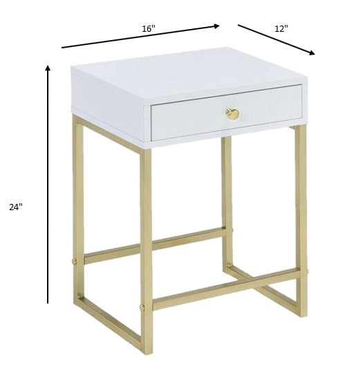 HomeRoots 24" Gold And White Solid Wood End Table With Drawer