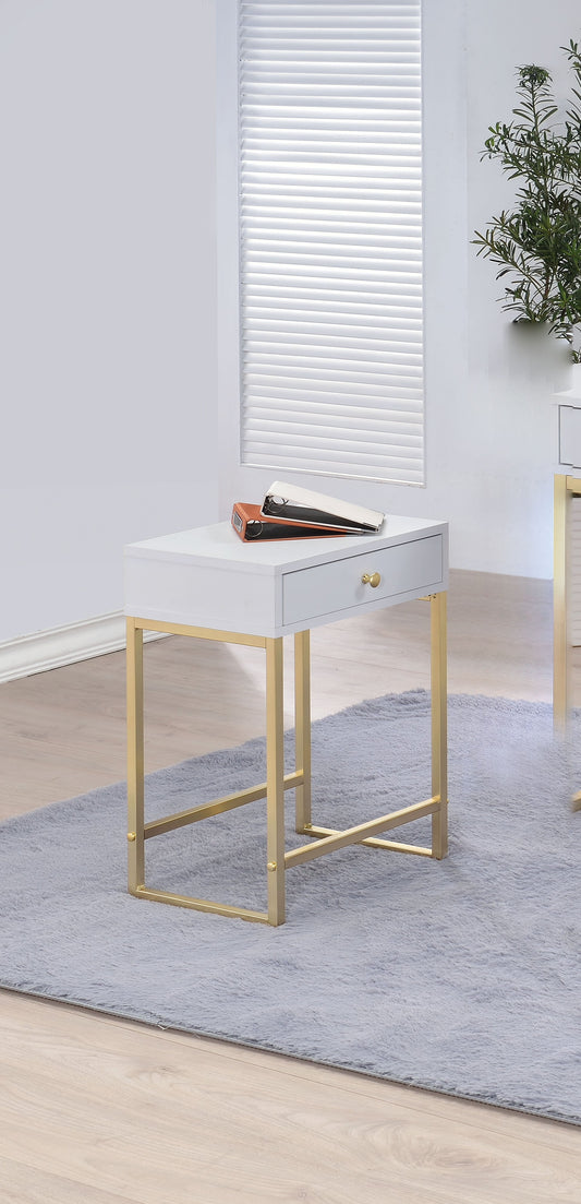 HomeRoots 24" Gold And White Solid Wood End Table With Drawer