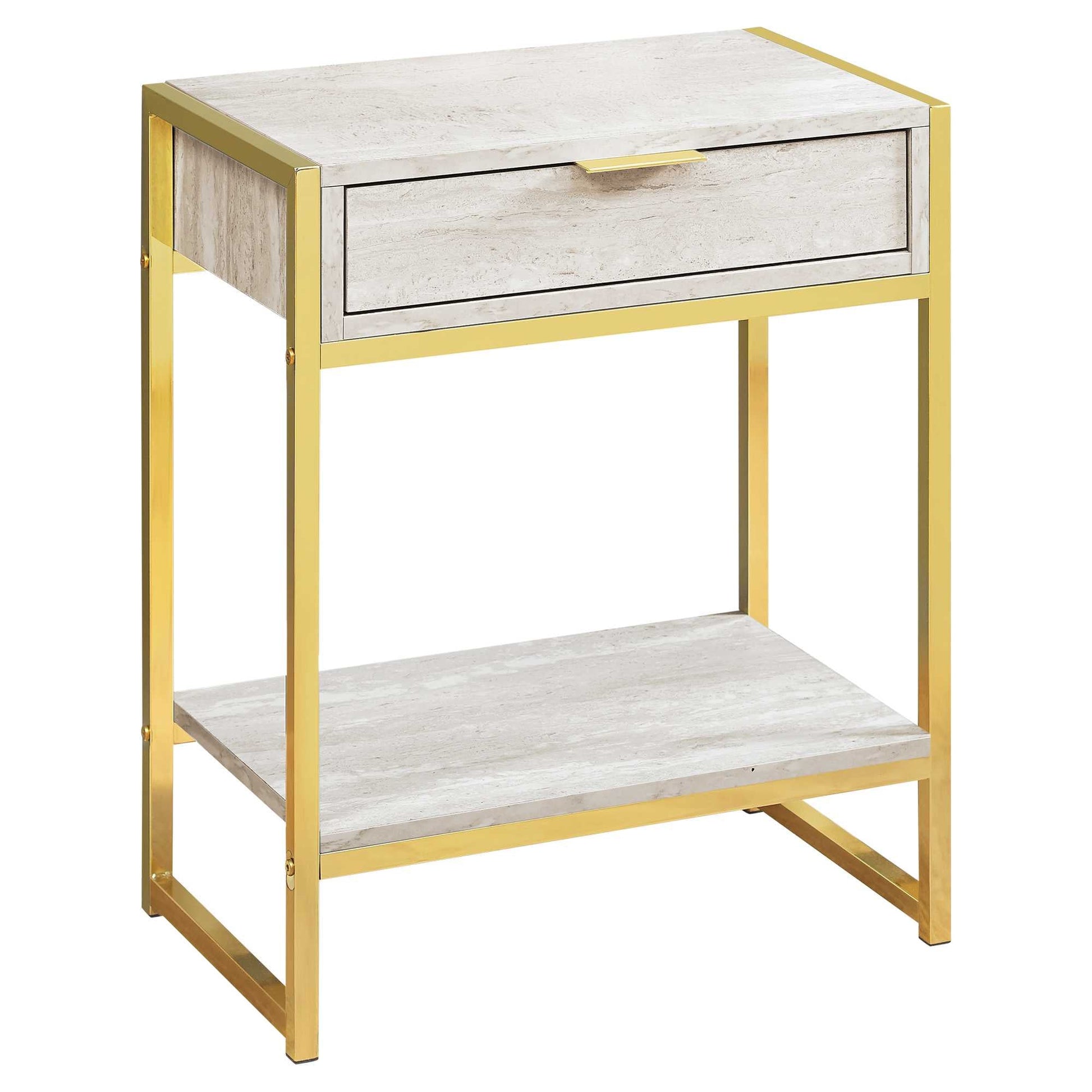 HomeRoots 24" Gold Metal Accent Table With Beige Marble Finish