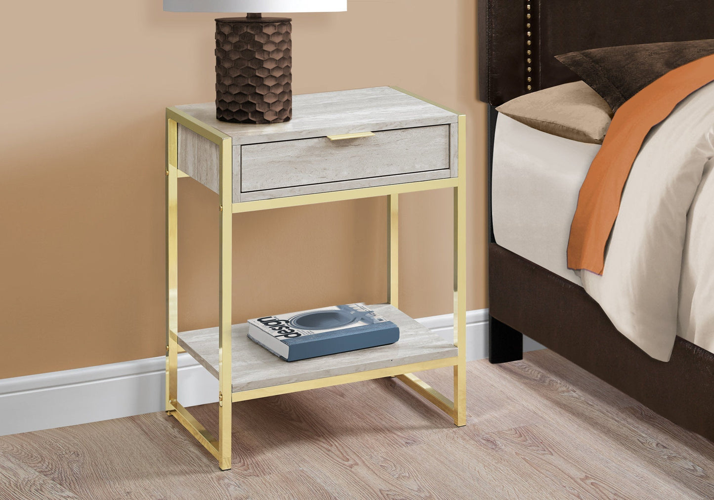 HomeRoots 24" Gold Metal Accent Table With Beige Marble Finish