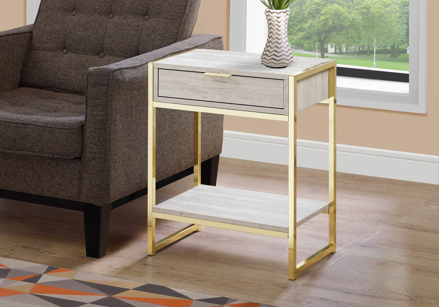 HomeRoots 24" Gold Metal Accent Table With Beige Marble Finish